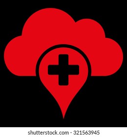 Medical Cloud vector icon. Style is flat symbol, red color, rounded angles, black background.