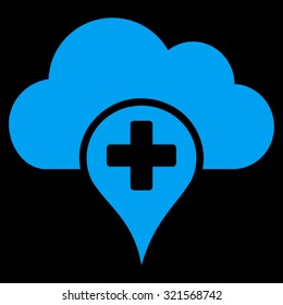 Medical Cloud vector icon. Style is flat symbol, blue color, rounded angles, black background.