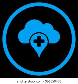 Medical Cloud vector icon. Style is flat circled symbol, blue color, rounded angles, black background.