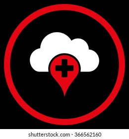 Medical Cloud vector icon. Style is bicolor flat circled symbol, red and white colors, rounded angles, black background.
