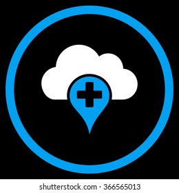 Medical Cloud vector icon. Style is bicolor flat circled symbol, blue and white colors, rounded angles, black background.