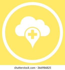Medical Cloud vector icon. Style is flat circled symbol, white color, rounded angles, yellow background.