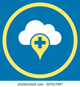 Medical Cloud vector icon. Style is bicolor flat circled symbol, yellow and white colors, rounded angles, blue background.