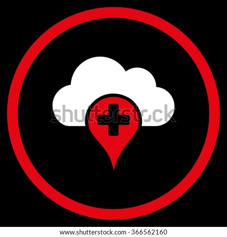 Medical Cloud vector icon. Style is bicolor flat circled symbol, red and white colors, rounded angles, black background.