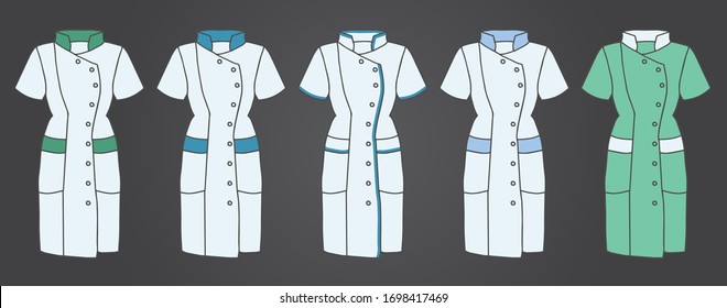 Medical coat set template. Colorful work clothes for doctor and nurse. Women lab uniform. 