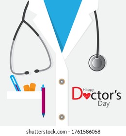 Medical coat with stethoscope around neck and thermometer and bandage in pocket. Doctor's day poster.