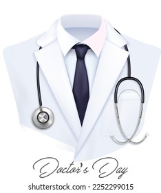 Medical coat with stethoscope around neck. Doctor's day poster