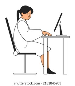Medical coat woman working at computer desk. Hospital staff