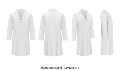 Medical coats. White templates professional doctor clothes specialists uniform decent vector mockup