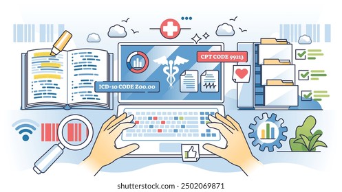 Medical coding training and healthcare billing coder studies outline hands concept. Learning CPT and ICD alphanumeric codes for clinical procedures, treatments and diagnosis vector illustration.