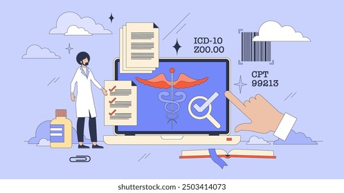 Medical coding training as study for billing tiny person neubrutalism concept. Healthcare online system with CPT and ICD codes as medical services transformation into medical alphanumeric codes.