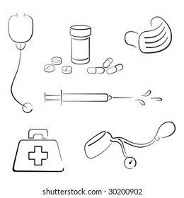 Medical cold and flu design done in a minimal style.  Set includes: Stethoscope, Medicine bottle, pills, surgical mask, syringe, first aid kit and blood pressure cuff as line art / clip art.