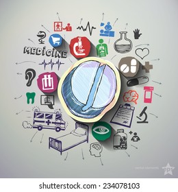 Medical collage with icons background. Vector illustration