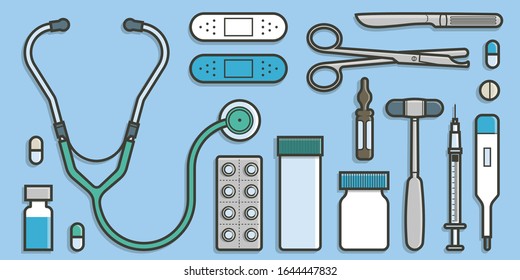 Medical Collection in flat design background concept. Infographic vector elements set with medicine tools equipment. Icons for your product or illustration