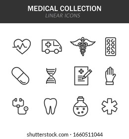 Medical collection linear icons in black on a white background