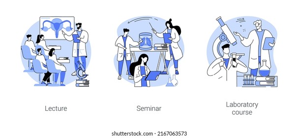 Medical college classes isolated cartoon vector illustrations set. Lecture and seminar, laboratory course, teaching assistant to medical students, university educational process vector cartoon.