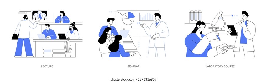 Medical college classes isolated cartoon vector illustrations set. Lecture and seminar, laboratory course, teaching assistant to medical students, university educational process vector cartoon.