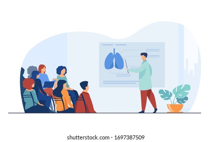 Medical college professor teaching students. Doctor presenting human lungs infographics to audience at conference. Vector illustration for seminar, lecture, healthcare meeting concept