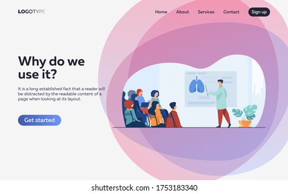 Medical college professor teaching students. Doctor presenting human lungs infographics to audience at conference. Vector illustration for seminar, lecture, healthcare meeting concept