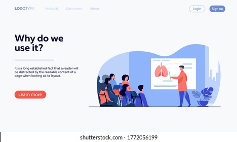 Medical college professor teaching students. Doctor presenting human lungs infographics to audience at conference. Vector illustration for seminar, lecture, healthcare meeting concept