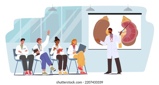 Medical College Students Listening Doctor Teacher Lecture In Classroom. Young Medic Character Audience in Classroom Asking Questions To Speaker during Seminar. Cartoon People Vector Illustration