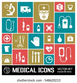 Medical colored square icons set with health symbols flat isolated vector illustration