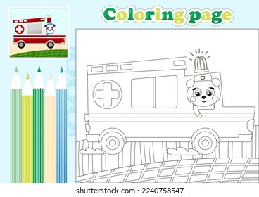 Medical coloring page for kids with cute panda doctor in cartoon ambulance car, health care and hospital theme for worksheets 