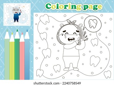 Medical coloring page for kids with cute hippo patient suffering from toothache, health care theme for worksheets