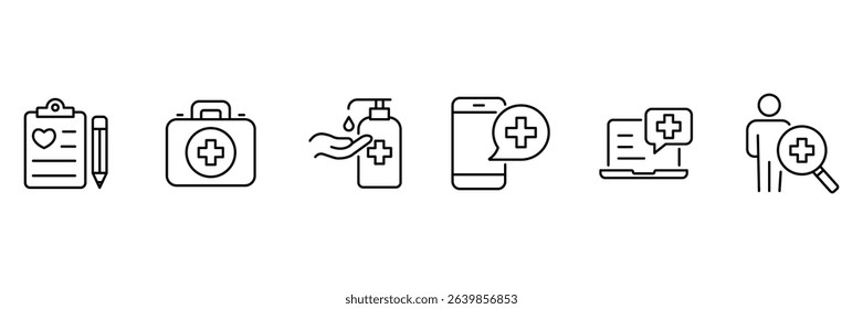 Medical communication report sanitizer diagnosis consultation first aid analysis telehealth search record icon vector illustration outline set.