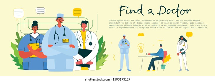 Medical company service concept. Find a doctor flat vector concept digital illustration of doctors for a medical consultation.