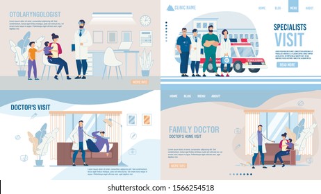 Medical Company Service Landing Page Trendy Flat Set. Otolaryngologist Examination, Medic Specialists, Family Doctor and Pediatrician Home Visit Call Online. Vector Cartoon Illustration