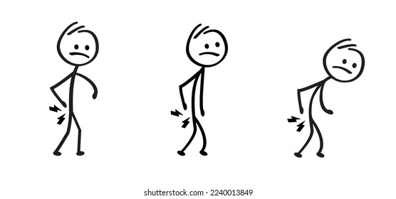 Medical complaints, body part pain. Cartoon stickman, stick figure man holding his back hurt icon. Backache symptom symbol. back medical back pain concept. human, rheumatism, chronic back pain