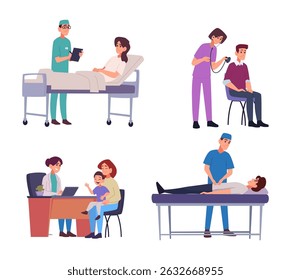 Medical composition. Healthcare services medical consulting exact vector cartoon doctors illustrations