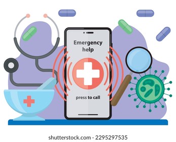 medical compositional image consists of pills, stethoscope, mobile phone, magnifier and virus