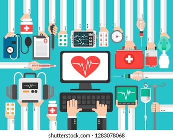 Medical computer with heart flat design .Vector illustration