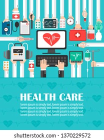 Medical computer with heart flat design. lorem ipsum is simply text.Vector illustration
