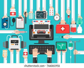 Medical computer online call flat design set with ambulance.Vector illustration
