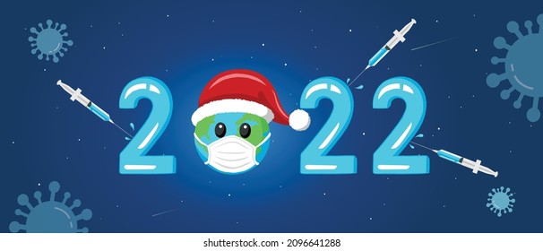 Medical concept 2022 New Year Vector Banner Design. Earth Planet with Santa hat, Vaccine syringes and Virus icons on space background.