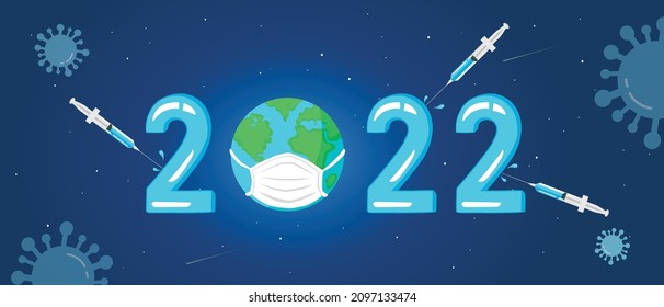 Medical concept 2022 New Year Vector Banner Design. Earth Planet wearing protective medical mask Vaccine syringes and Virus icons on space background.