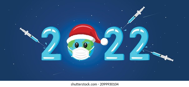 Medical concept 2022 New Year Vector Banner Design. Earth Planet with Santa hat, Vaccine syringes and Virus icons on space background.
