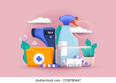 Medical concept 3D illustration. Icon composition with medical tools, thermometer, antiseptic spray, pills and medicines, treatment and diagnostics in clinic. Vector illustration for modern web design