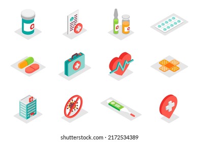 Medical Concept 3d Isometric Icons Set. Pack Isometry Elements Of Treatment, Appointment, Pills, First Aid Kit, Heart, Patch, Clinic, Virus, Cross And Other. Vector Illustration For Modern Web Design