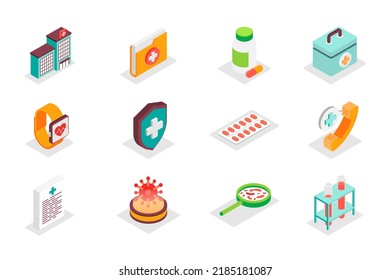 Medical concept 3d isometric icons set. Bundle elements of clinic, hospital, first aid kit, folder, pills, cardio, watch, healthcare, call and other. Vector illustration in modern isometry design