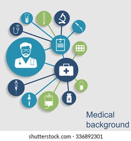 Medical concept abstract  background. Icons of medical equipment, doctor, diagnostics and medicine. Vector illustration.