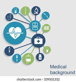 Medical concept abstract background. Icons of medical equipment, diagnostics and medicine. Vector illustration.