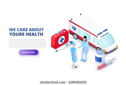 Medical concept with ambulance car and doctors. Isometric vector illustration. Landing page template for web.