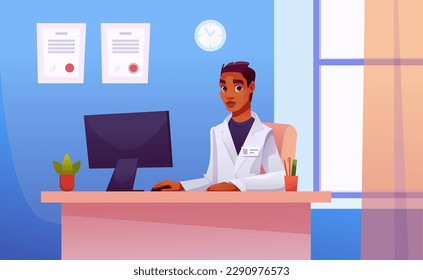 Concepto médico. Doctor negro sentado en la mesa de su despacho. Ilustración vectorial en estilo de caricatura.