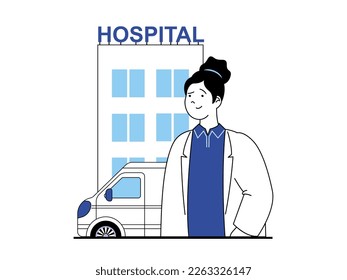 Medical concept with character situation. Doctor waiting for visitors in clinic, nurse works in hospital and saves patients in ambulance. Vector illustration with people scene in flat design for web