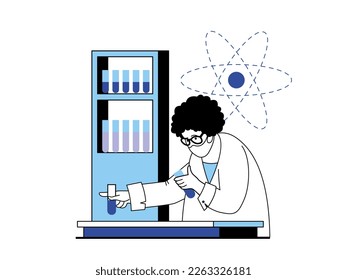 Medical concept with character situation. Doctor researcher makes chemical tests in laboratory, studies diseases and develops drugs in lab. Vector illustration with people scene in flat design for web