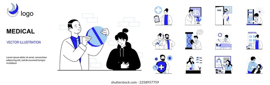 Medical concept with character situations collection. Bundle of scenes people receive medication treatment, visit doctor, vaccination, diagnostics in clinic. Vector illustrations in flat web design